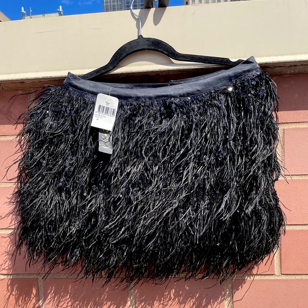 New KikiRiki New York Black Feathered Mini Skirt with tags - Size M